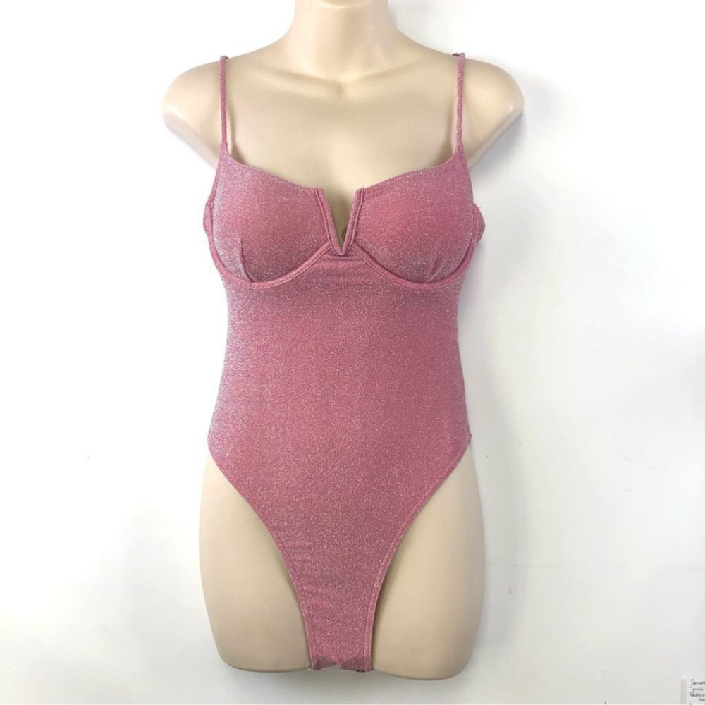 South Beach pink silver sparkle hi-cut one piece sexy Bathing Swim suit Size 8
